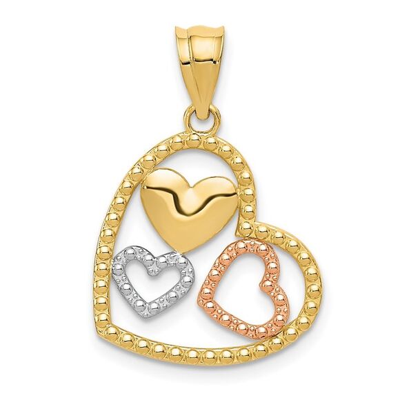 14k Two Tone Gold and White Rhodium Triple Heart Pendant 17mm